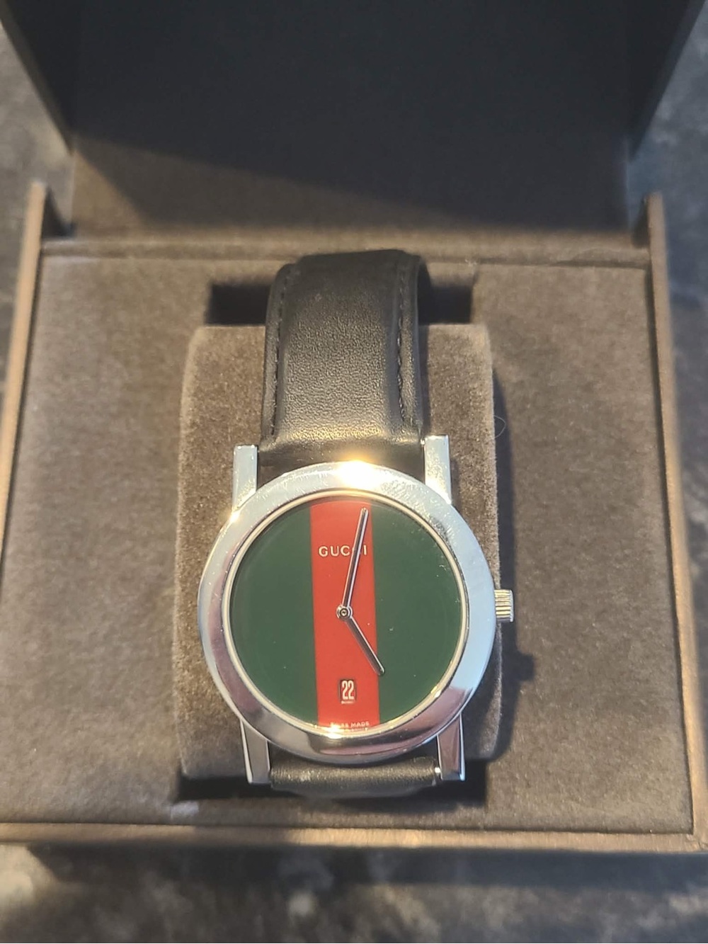Gucci Black Strap Watch with Green and Red Center Stripe